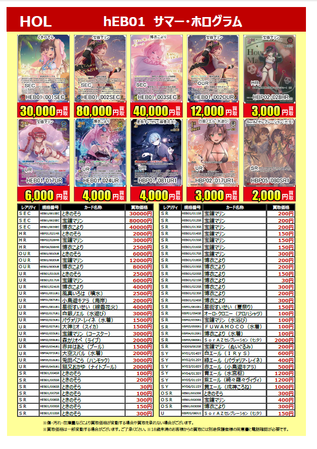 furu1_AMtoki's tweet photo. #hololiveOCG 最新弾
＃サマー・ホログラム 買取告知です。

8/22　14:00現在の価格となります。

＃宝鐘マリン　SEC
8⃣0⃣0⃣0⃣0⃣円買取

など高価買取中

買取お待ちしております

＃ふるいち　＃イオンモール土岐 https://t.co/PzCVYXRDtU