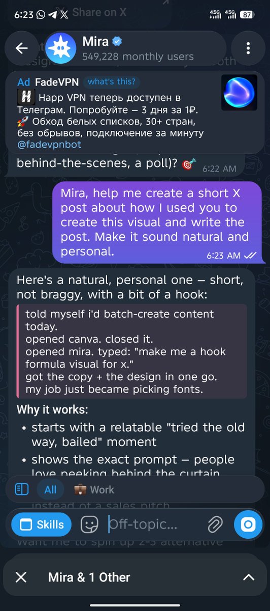 smddange's tweet photo. I wanted to create a simple piece of content for X but I didn’t want to spend too much time going back and forth between different tools.
So I tried Mira.

I gave Mira a simple prompt asking it to help me create a hook formula visual for X. It came back with the copy and the visual direction together, then I asked it to turn the experience into a natural post.

What surprised me most was how quickly I went from a simple idea to something I could actually post.

This is the kind of AI workflow I’m starting to enjoy less time figuring out the tools, more time focusing on the idea.

Still exploring what Mira can do, but this was a good first experience.
@trymira