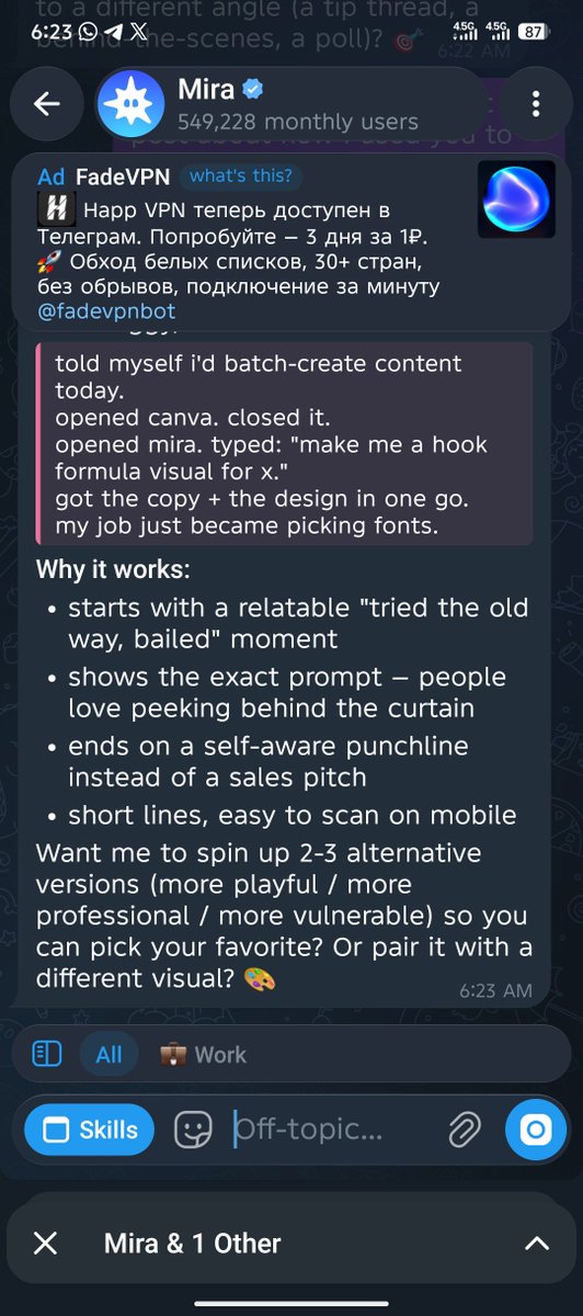 smddange's tweet photo. I wanted to create a simple piece of content for X but I didn’t want to spend too much time going back and forth between different tools.
So I tried Mira.

I gave Mira a simple prompt asking it to help me create a hook formula visual for X. It came back with the copy and the visual direction together, then I asked it to turn the experience into a natural post.

What surprised me most was how quickly I went from a simple idea to something I could actually post.

This is the kind of AI workflow I’m starting to enjoy less time figuring out the tools, more time focusing on the idea.

Still exploring what Mira can do, but this was a good first experience.
@trymira
