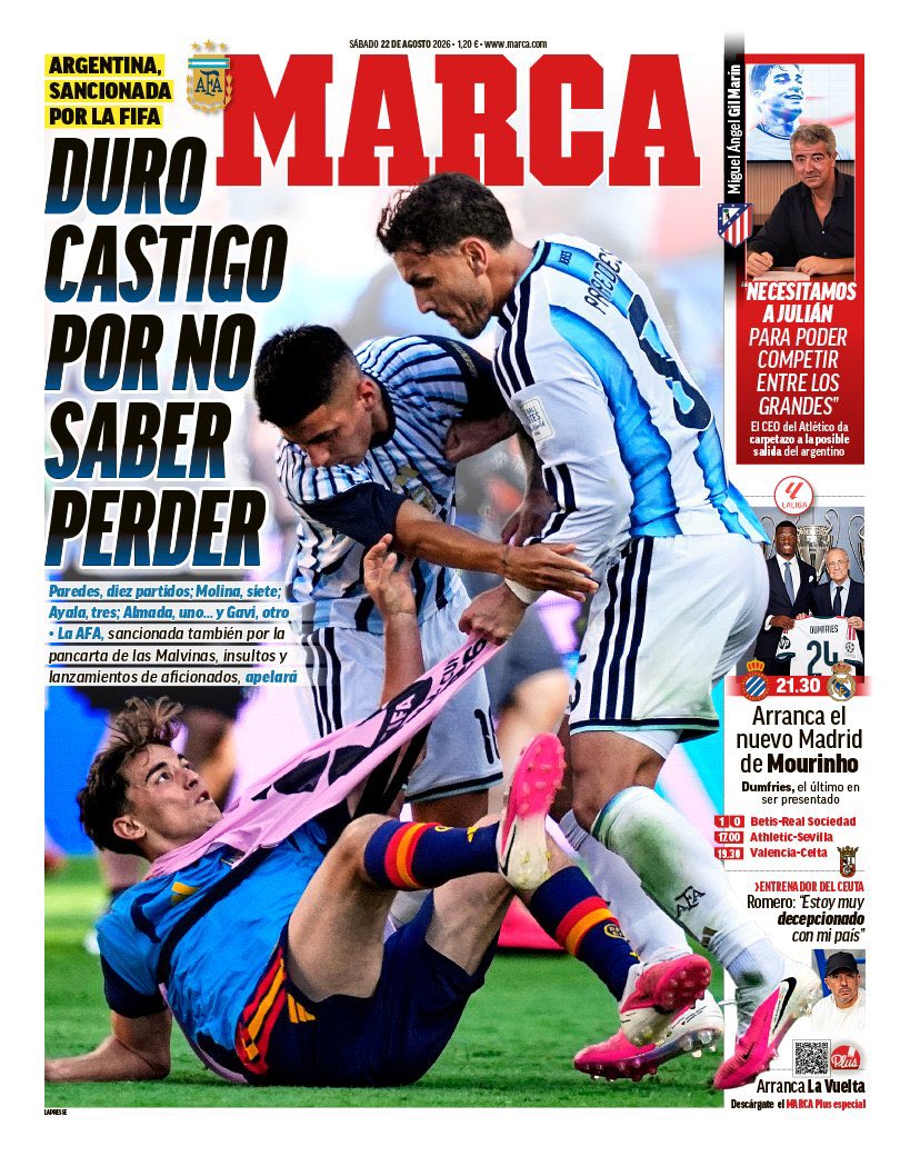 sudanalytics_'s tweet photo. “DURO CASTIGO POR NO SABER PERDER”.

La portada del diario español ‘Marca’. 😳🇪🇸🇦🇷 https://t.co/0nyA6bKp0E