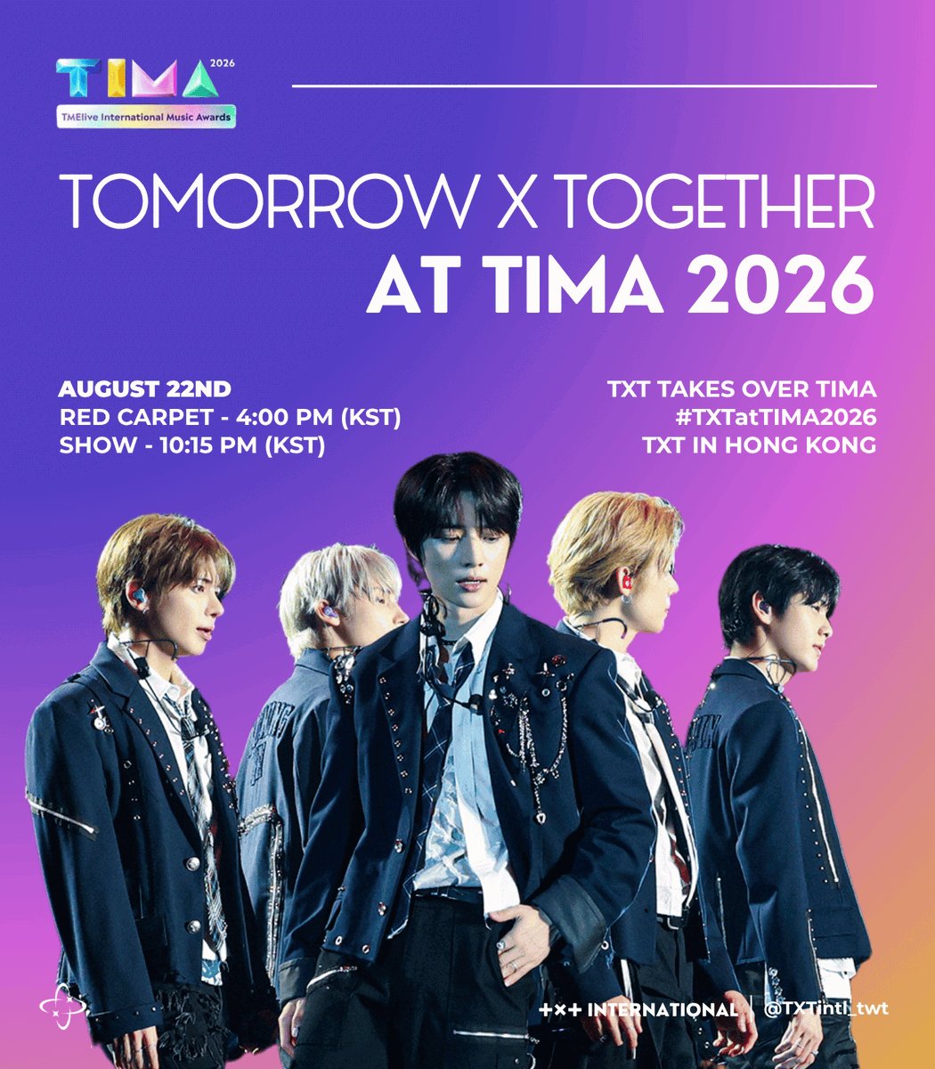 TXTintl_twt's tweet photo. TXT and YEONJUN will attend the 2026 TMElive International Music Awards today.

☆ Red Carpet: 4 PM KST
☆ Performance Schedule
• YEONJUN: 8:25 PM KST
• TXT: 10:15 PM KST

Livestreams are available here:
🔗 https://t.co/w9GNTrOMK8
🔗 https://t.co/H6wbbbq7Ak

📍 Kai Tak Stadium, Hong Kong, China
⚠️ An ongoing weather advisory is in place due to heavy rain.

Here are the tags for the event~

TXT TAKES OVER TIMA
#TXTatTIMA2026
TXT IN HONG KONG
#YeonjunAtTIMA2026