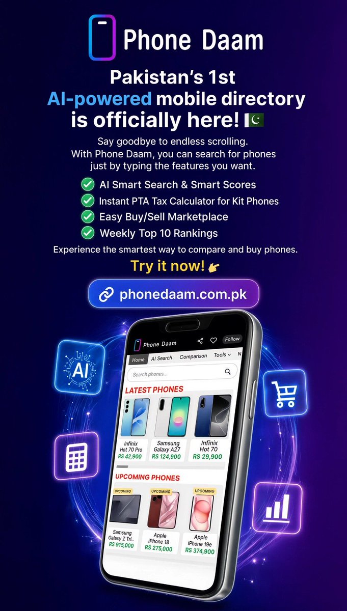 NewHorizonTV's tweet photo. Looking for your next smartphone or trying to sell your old one? 📱 Meet Phone Daam—Pakistan’s very first AI-powered mobile directory! 🇵🇰✨
Visit now: https://t.co/yykntL3ppO
#PhoneDaam #SmartphonesPakistan #TechPakistan #PTATax #MobileDirectory #BuyAndSellPhones https://t.co/kfT7HNOb0T
