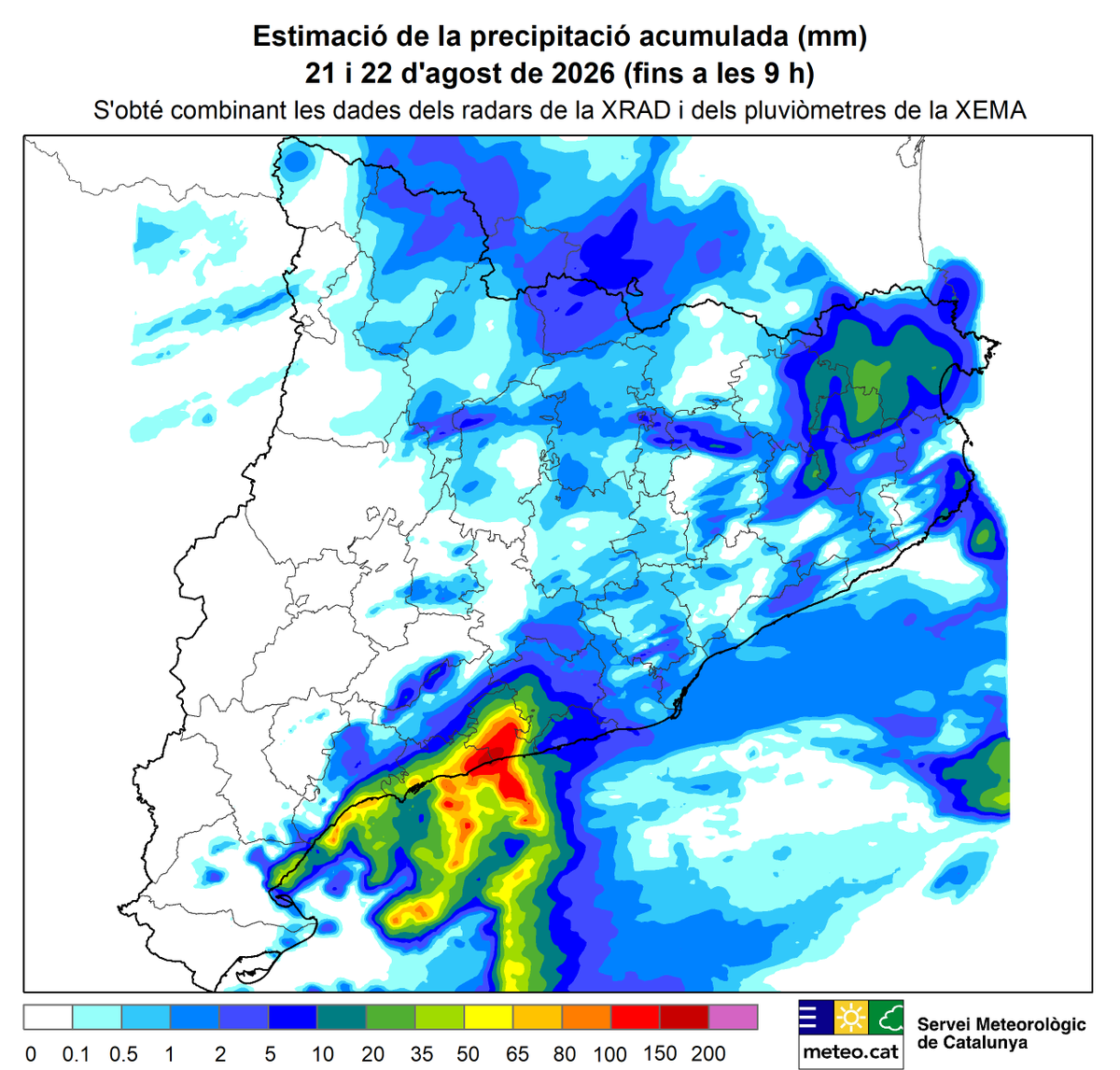 meteocat's tweet photo. Els aiguats d'aquesta nit i matinada s'han concentrat al litoral de la Costa Daurada i han acumulat més de 100 mm de pluja entre el Baix Penedès i el Tarragonès, amb màxims que probablement han superat els 150 mm.

S'han recollit 145,5 mm al Vendrell i 136,8 mm a Torredembarra. https://t.co/VGG5zZj2qr