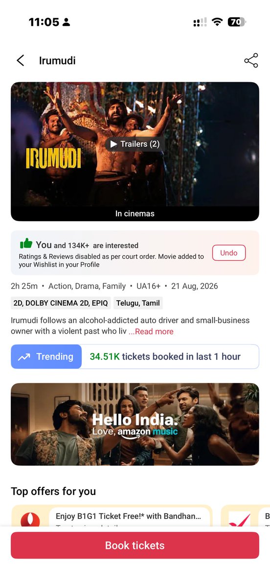 srikanth5675's tweet photo. IRUMUDI  going to be mind blowing rampage at the box-office even today

11:05AM    34.51K per Hour tickets on BMS 🔥

#IRUMUDI #Raviteja https://t.co/eItaNMlz6g