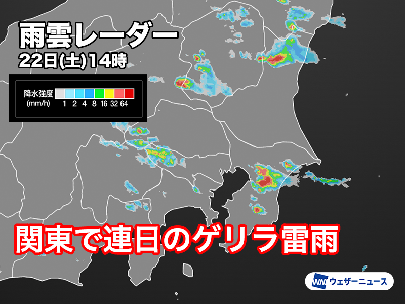 wni_jp's tweet photo. 【ゲリラ雷雨　道路冠水も発生】
今日22日(土)の関東は昼頃から雨雲が急発生し、連日のゲリラ雷雨となっています。千葉市内からは道路冠水の報告も。雨雲レーダーを活用し、空の変化に注意してください。また、荒天の間は外出を控えてください。
 https://t.co/aK0BbYn4Xz https://t.co/K88NR5GEcM