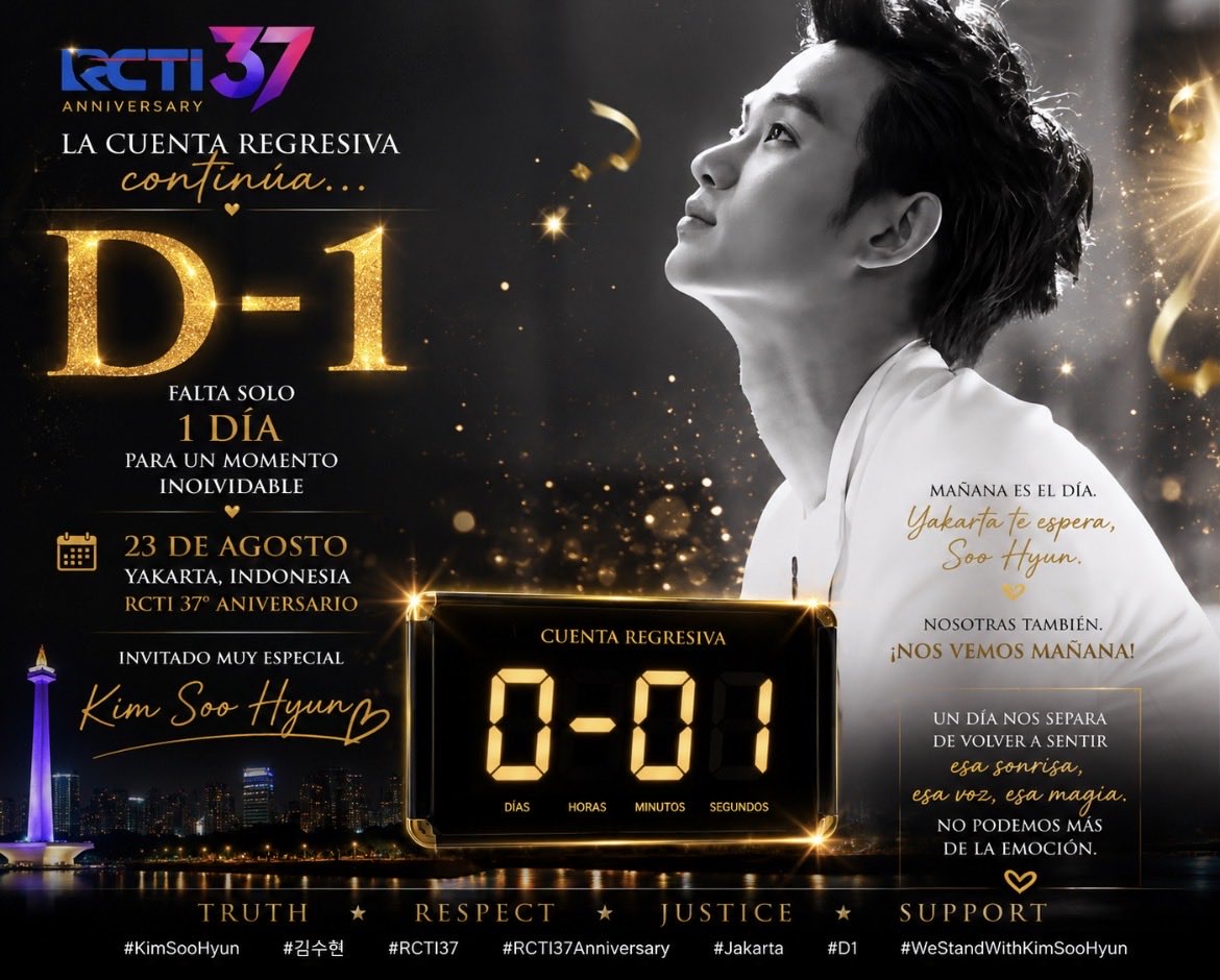 dgovis84's tweet photo. ⏳✨ D-1 | MAÑANA ES EL DÍA ✨⏳

Llegamos al último número de nuestra cuenta regresiva. 🥹♥️

Solo falta 1 día.

Mañana, 23 de agosto, Yakarta celebrará el 37.º aniversario de RCTI y, entre sus luces, su música y su público, volveremos a encontrarnos con alguien a quien hemos esperado durante tanto tiempo:

✨ KIM SOO HYUN ✨

Comenzamos esta cuenta atrás cuando todavía quedaban siete días. Hemos visto pasar las horas entre relojes, flores, estrellas, ilusión y muchísimos nervios… y hoy las agujas casi han llegado a su destino.

D-1.
Un último día.
Un último amanecer.
Y la espera habrá terminado. ❤️‍🩹

Mañana queremos volver a sentir esa sonrisa, esa voz, esa magia que tantas veces nos hizo felices.

🇮🇩 Yakarta te espera, Soo Hyun.
🌎 Y desde muchos rincones del mundo, nosotros también.

Nos vemos mañana. 🥹🫶🏻✨

#KimSooHyun #김수현
#KimSooHyunInIndonesia
#KimSooHyunAtMahakaryaRCTI37