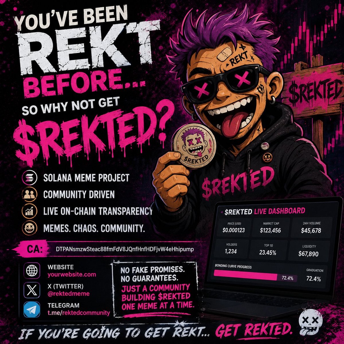 REKTEDMEME's tweet photo. YOU’VE BEEN REKT BEFORE.

So why not get $REKTED?

 Real community
 Live on-chain transparency
 Solana meme project
 Memes. Chaos. Community.
No fake promises. No guaranteed profits.
Just building, memeing and growing together.
 CA: DTPANsmzwSteac88fmFdV8JQnfHnfHDFjvW4eHhipu https://t.co/twwzuZKoWb