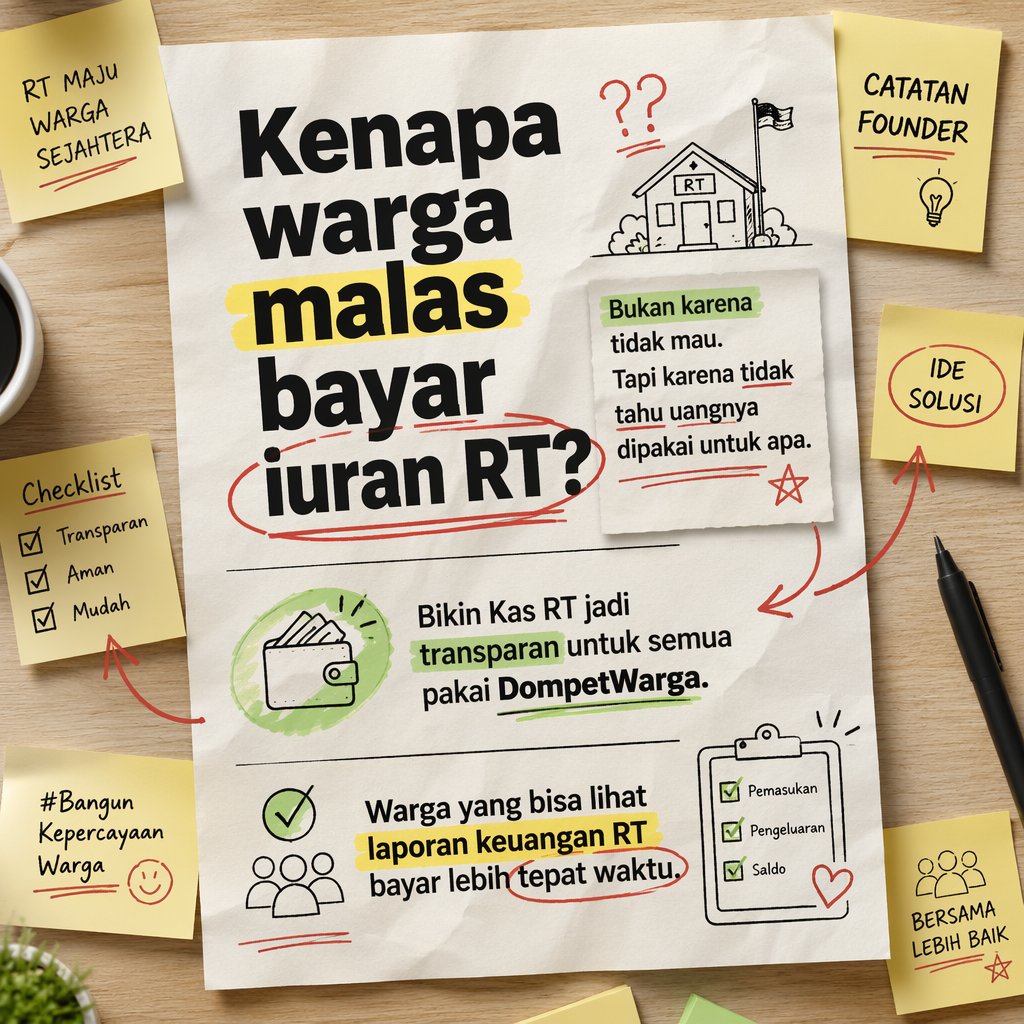 integrasian's tweet photo. Warga malas bayar iuran RT? Bukannya pelit, tapi mereka cuma butuh kejelasan! 

Bikin kas RT transparan pakai DompetWarga. Laporan pemasukan &amp; pengeluaran bisa dicek langsung. Kepercayaan naik, bayar iuran makin tepat waktu!

Daftar Sekarang! 👇