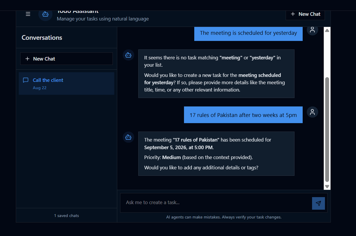 0xabdullah27's tweet photo. The hardest part of building a natural-language AI feature isn’t always the code.

Worked on a chat-based task manager where users can manage tasks using normal conversation.

It was a cycle of:
→  prompt
→ Test 
→ Find  agent misunderstood
→ Refine instructions
→ Test again https://t.co/8QHekrTWrr