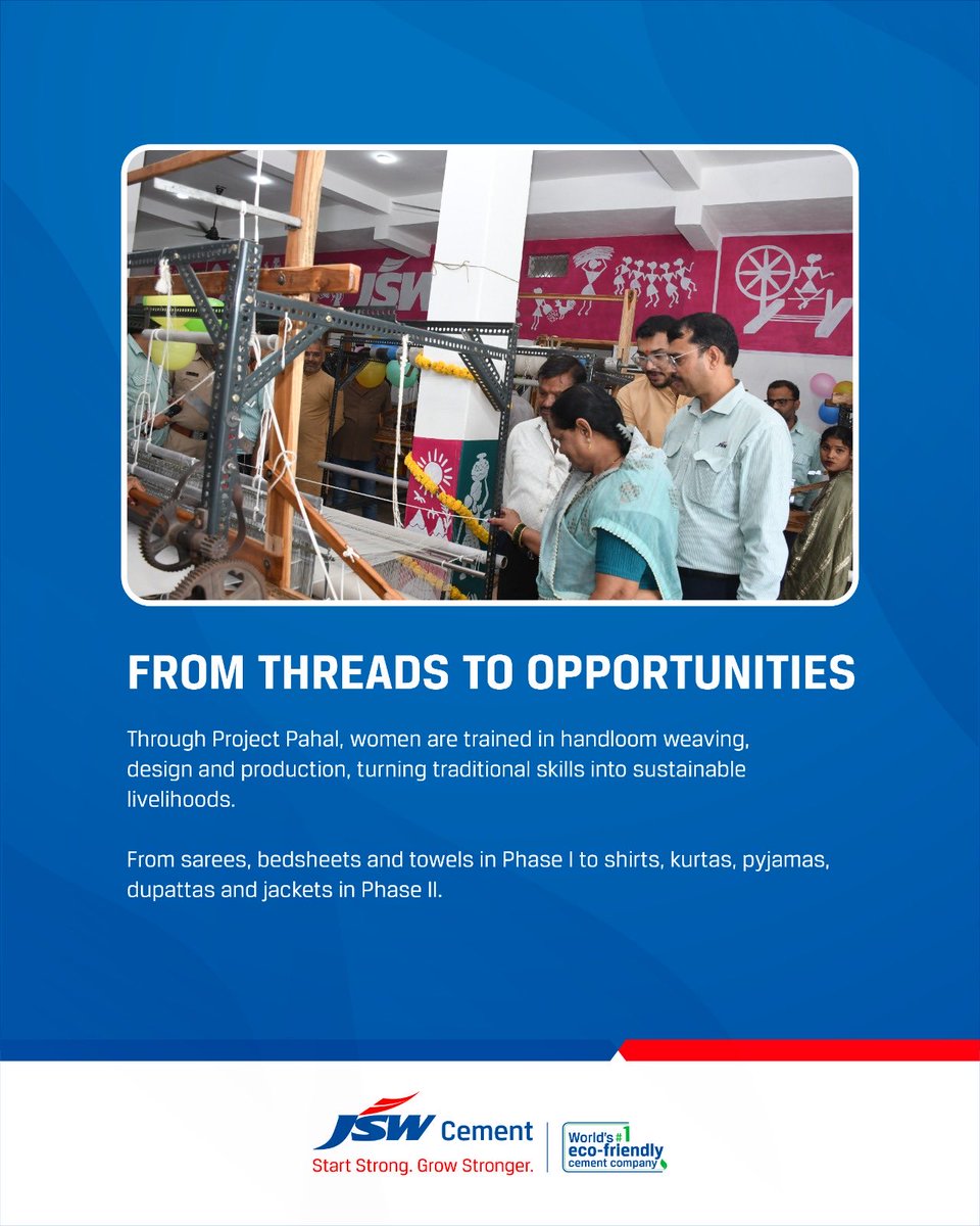 JSWCement's tweet photo. A stronger future is woven one opportunity at a time. Through Project Pahal, JSWCL-Hatta is empowering rural women with handloom skills that can become sustainable livelihoods. #Pahal #JSWCement #WomenEmpowerment #SustainableLivelihoods https://t.co/KrKptM1fM7