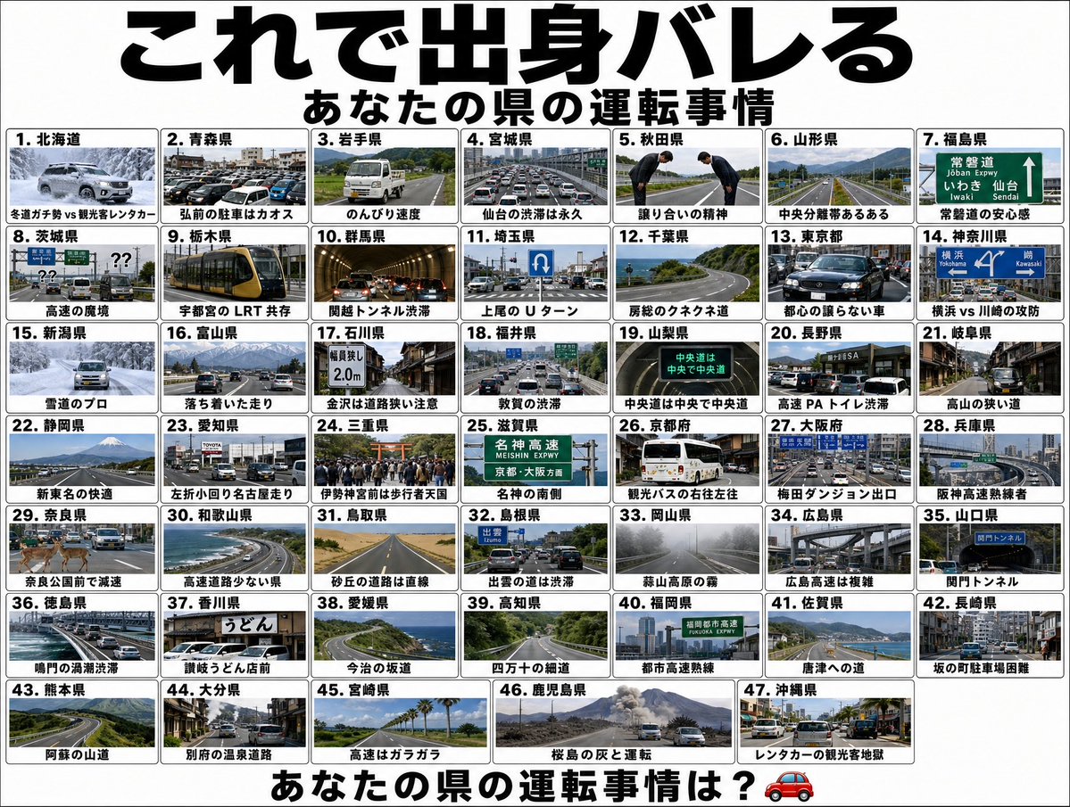 ginxxxx_xx's tweet photo. 47都道府県
運転事情 https://t.co/nhv7KkXJiM