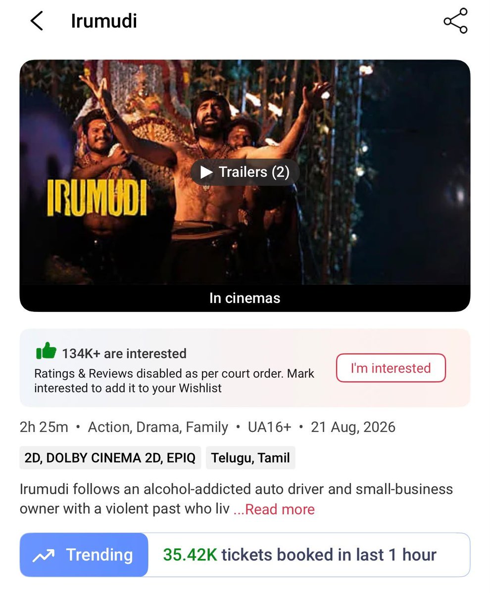 LetsXOtt's tweet photo. RECORD ALERT 🚨🚨 

A MASSIVE 35.42K tickets booked in the LAST 1 HOUR on @bookmyshow for #Irumudi DAY 2! 💪 🔥

ALL TIME HIGHEST in Regional films.. 
MASS MAHARAJA @RaviTeja_offl IN FULL RAMPAGE MODE! 👑🔥 https://t.co/3Mi0i7nENK