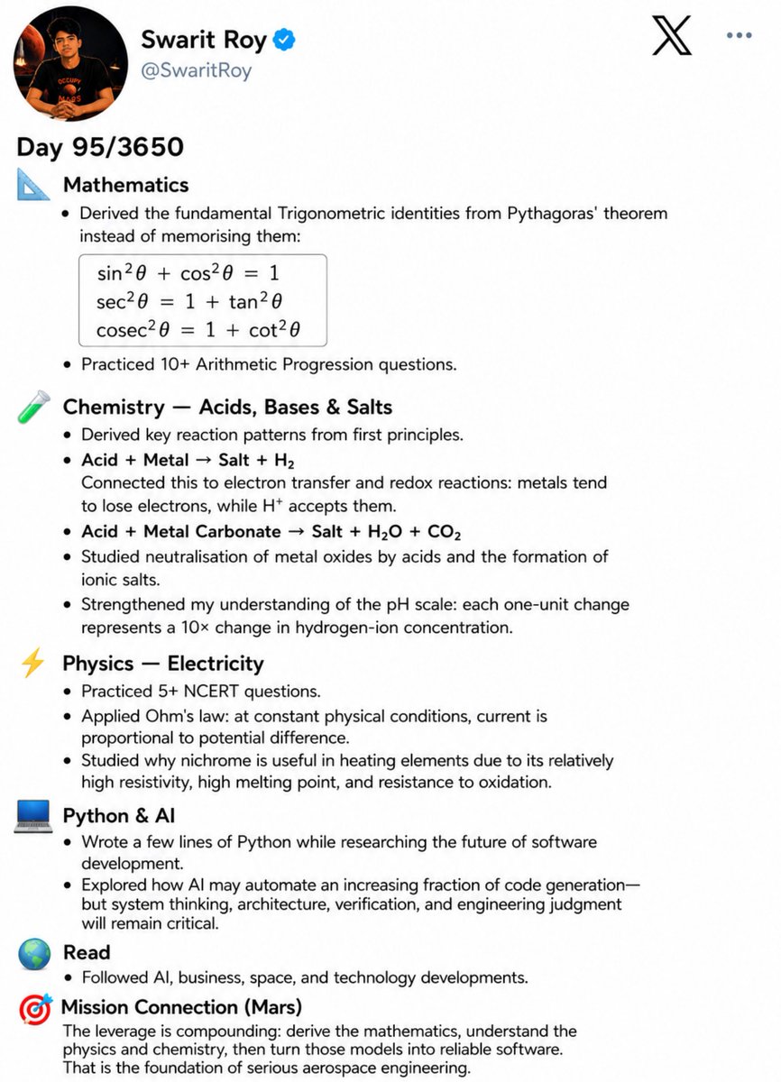 SwaritRoy's tweet photo. Day 95/3650

Derived Trigonometric identities, mastered acid reactions and pH, practiced Electricity, and explored AI-driven coding. Building the foundations for serious engineering.

🚀 

@elonmusk @SpaceX @isro
#CoreX3650 https://t.co/2ZSPWdnMBn