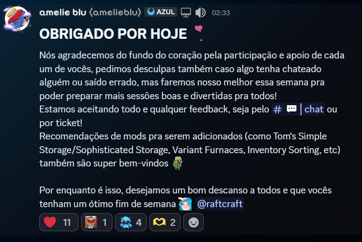 AbismoProjetos's tweet photo. Chegamos ao fim do primeiro dia de #RaftCraft, e só temos a agradecer! Obrigado a todos que acompanharam o começo dessa história, e um agradecimento super especial a @hev_os e @_TDreams que nos ajudaram MUITO hoje em questões técnicas, enquanto também interpretavam Lila e Liro 🤍 https://t.co/a89zC7VYlA