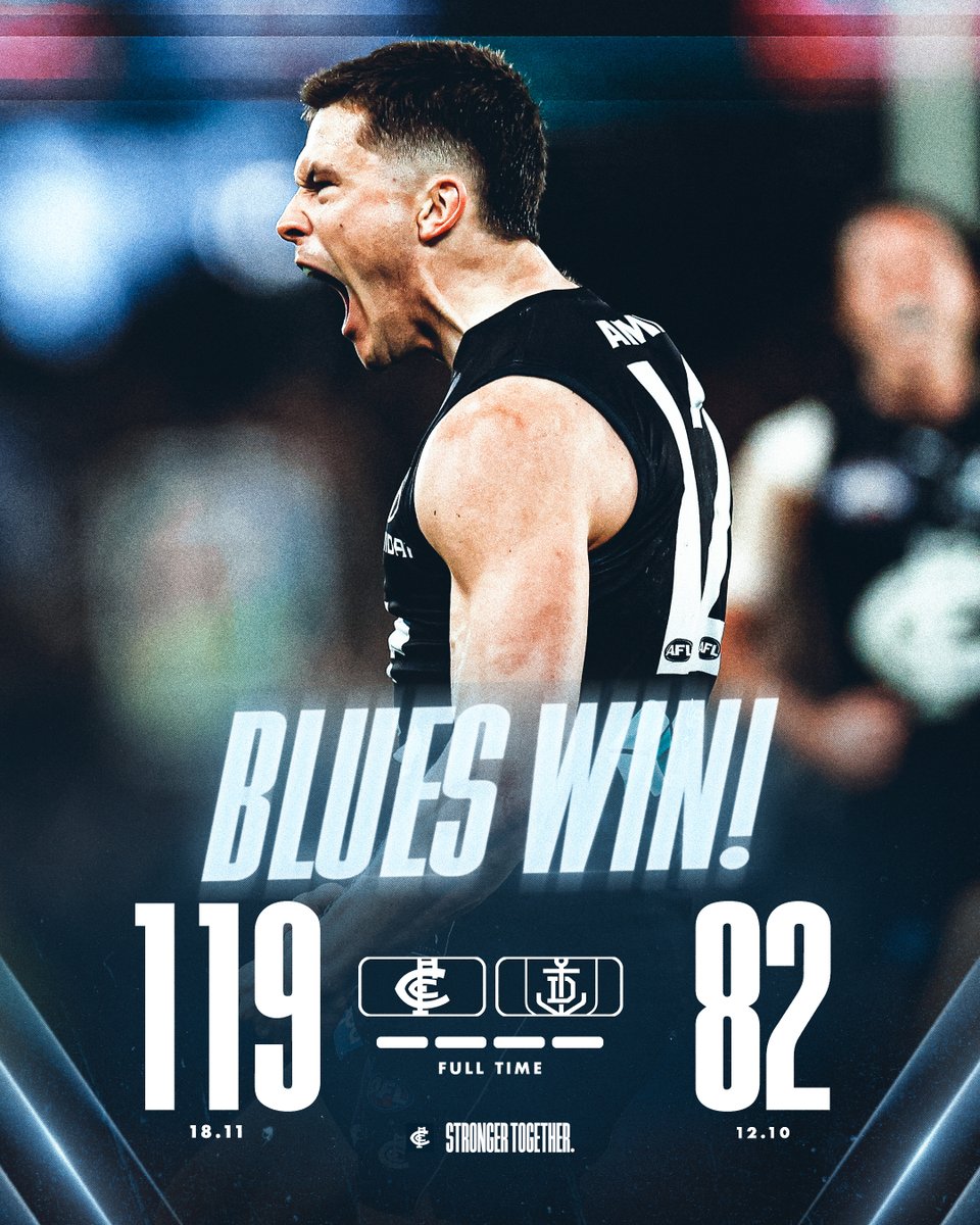 CarltonFC's tweet photo. BANG!

A super performance in front of a brilliant Carlton crowd. Let's go!

#Baggers #AFLBluesFreo https://t.co/znsg7PWHd1