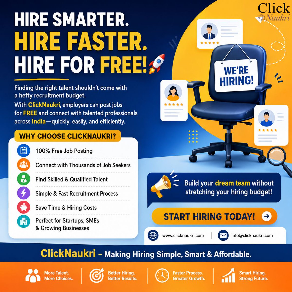 ClickNaukri's tweet photo. 🚀 HIRE SMARTER. HIRE FASTER. HIRE FOR FREE!
🎯 Build your dream team without stretching your hiring budget!
👉 Start Hiring Today!

🌐 https://t.co/43Jm6InJuT
📧 info@clicknaukri.com

#ClickNaukri #FreeJobPosting #HireSmart #HiringMadeEasy #Recruitment https://t.co/VnFMviysam