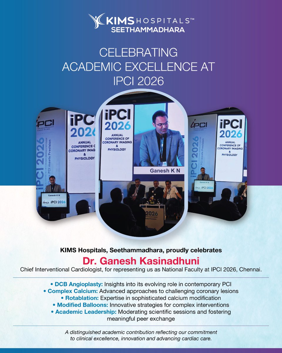 KIMSVizag's tweet photo. Proud to celebrate Dr. Ganesh Kasinadhuni, Chief Interventional Cardiologist at KIMS Hospitals, Seethammadhara, for representing us as National Faculty at iPCI 2026, Chennai.

Sharing expertise. Advancing cardiology. Inspiring better care. ❤️ #KIMSHospitals #iPCI2026 https://t.co/y2PaGdSQ4m