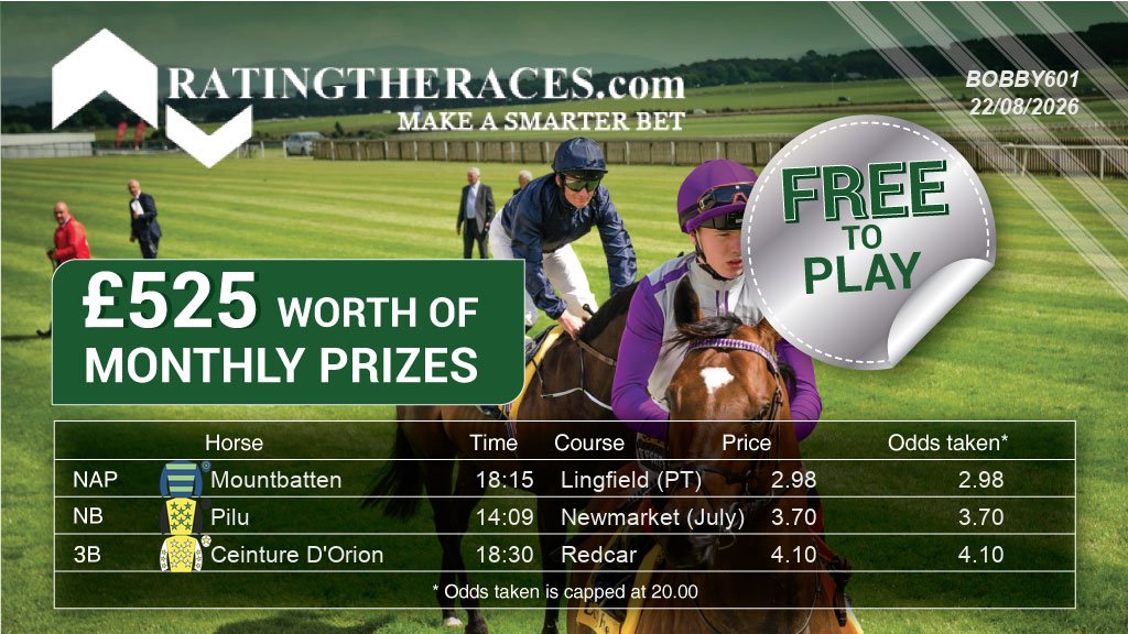 bobby60000's tweet photo. My #RTRNaps are:

Mountbatten @ 18:15
Pilu @ 14:09
Ceinture D'Orion @ 18:30

Sponsored by @RatingTheRaces

Free to play. Daily Prizes. Enter at @RatingTheRaces. https://t.co/1HcRY8GrK4
