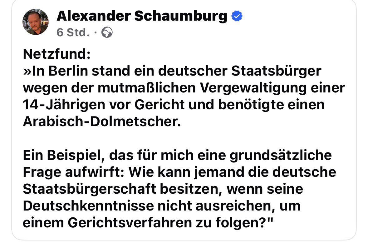 FlorianPost's tweet photo. Quod erat demonstrandum! Läuft so viel verkehrt!
Übrigens: das ist für mich eben KEIN Deutscher! Pass hin oder her, auch wenn er es formal natürlich ist! Damit spreche ihm selbstverständlich nicht die Rechte ab, die mit diesem Pass einhergehen, so lange er ihn hat. Die Frage ist eben, ob er ihn hätte überhaupt bekommen sollen und ob es nicht Regelungen braucht, ihm diesen auch wieder wegzunehmen, Staatsbürgerschaften bei begangenen Verbrechen also wieder abzuerkennen! Übrigens: in die Verbrechensstatistik geht das nicht als Migranten-Verbrechen ein! Er ist schließlich Deutscher! #gesundermenschenverstand @AlexSchaumburg