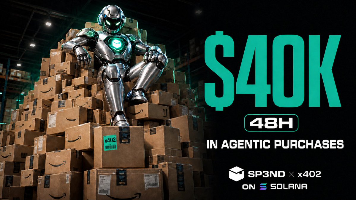 SP3NDdotshop's tweet photo. Our agent just crossed $40k in trading fees and after spending it all on Amazon via @x402 in 2 days, we're likely looking at the largest purchasing agent on @solana.

Next milestone: $100k

Send it 🦞 https://t.co/YvlklINFxu