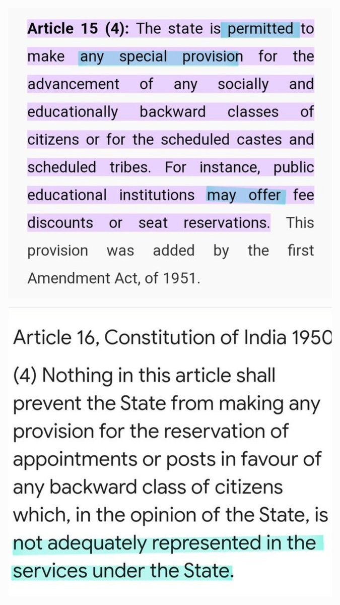 neha_laldas's tweet photo. ABSOLUTELY WRONG!!

1. Reservation in jobs/education are not mandatory Constitutional provisions.
Supreme Court has already clarified that neither Reservation is a Constitutional right, nor it's the duty of the state to provide it.
Reservations are mere enabling provisions. They aren't "Constitutional/Fundamental rights".

2. Reservation in politics (articles 330-332) are only mandatory constitutional provisions and they had a duration of 10 yrs (article 334), which has been amended 7 times to increase duration from 10 to 80 yrs.

3. Article 16-1 (equality of opportunity for all citizens) & 15-1 (no discrimination based on caste, religion, sex, place etc) ARE the fundamental rights!

4. Articles 15-4 & 16-4 are EXCEPTION clauses, to articles 15-1 & 16-1 respectively.
Without these exception clauses, any special provision, for any community, couldn't be provided! So these clauses had to be added under these articles.
That doesn't make them mandatory provisions!
Even Dr. Ambedkar clearly said that reservation is an "exception".

5. Language of articles 15-4 & 16-4  clearly show that govts are permitted or enabled (if they want) to make any "special provision" for specific communities, one of the special provisions could be reservation!
So reservation in job/education is indeed a policy issue!

6. We are raising voice against reservation misuse, FROM LAST 5 YEARS. 
-We are giving solutions (keeping 50% limit sacrosanct, creamy layer in SC/ST, subcategorization, review of list/criteria, removal of over represented castes, economic criteria consideration, removal of  Muslims/Christians/Buddhists from reservation), FROM LAST 5 YEARS.

-We are debunking fake narratives, fighting against demonization of GC, FROM LAST 5 YEARS.

-We have targeted every political party (Congress, RJD, SP, BSP, DMK, TMC), FROM LAST 5 YEARS.

So just because you can't see something, doesn't mean it doesn't exist!
And just because you believe something, doesn't mean it's true!