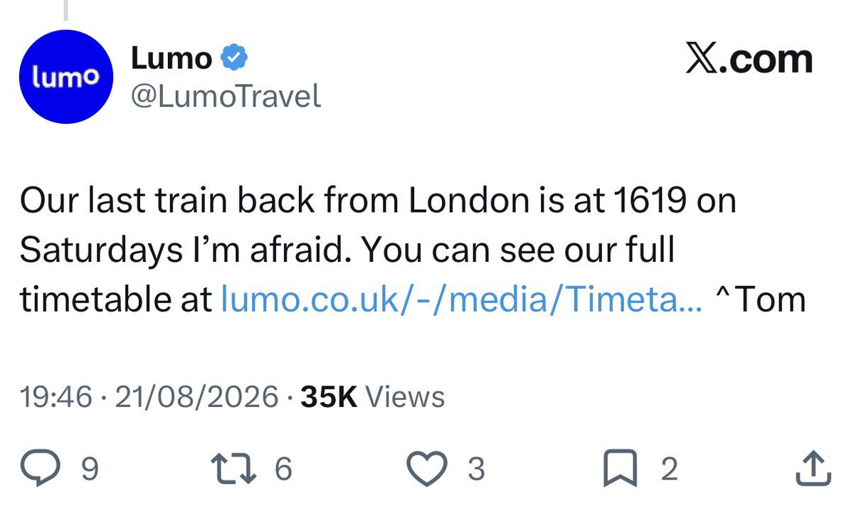 TomCarnduff's tweet photo. Train company partners with football club to offer cheaper train tickets for London games. 

Train company does this despite the fact their last train back from London on Saturdays is…16:19! 

👏 https://t.co/hQkFJZdLIc