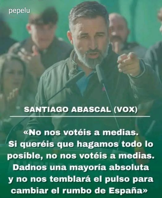 SegundoBar78953's tweet photo. Santiago Abascal PRESIDENTE.
Millones de patriotas votantes,
afiliados, y simpatizantes te 
apoyamos.
ARRIBA ESPAÑA, VIVA VOX. https://t.co/LeH6RLB8SA