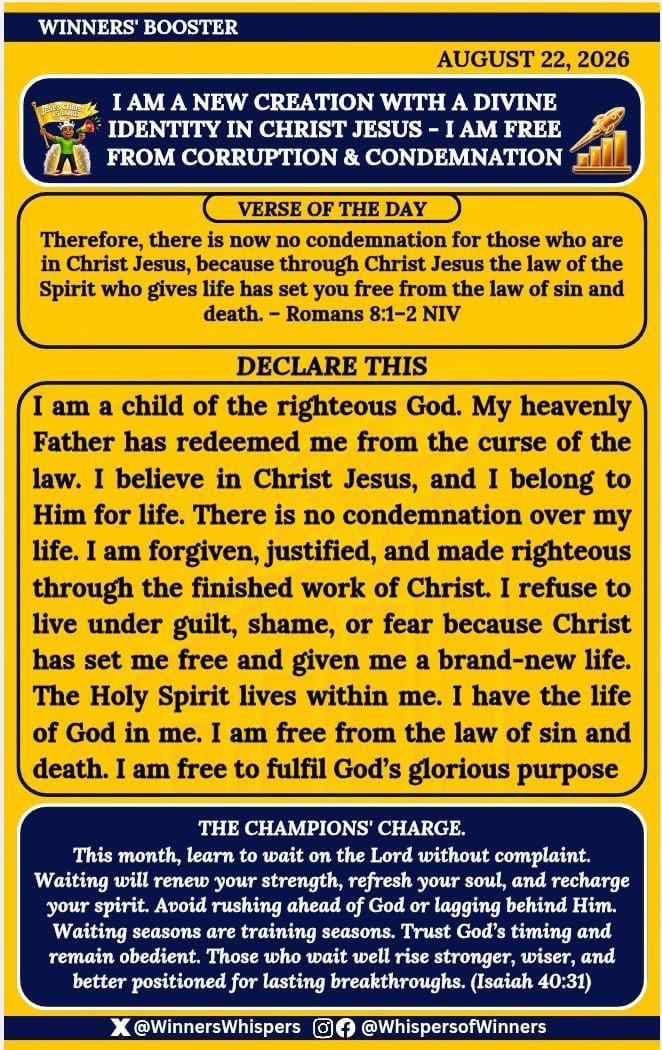 click2sam's tweet photo. I declare that:

I am a child of the righteous God. My heavenly Father has redeemed me from the curse of the law. I believe in Christ Jesus, and I belong to Him for life. There is no condemnation over my life. I am forgiven, justified, and made righteous through the finished work https://t.co/oTBU3VhM0i