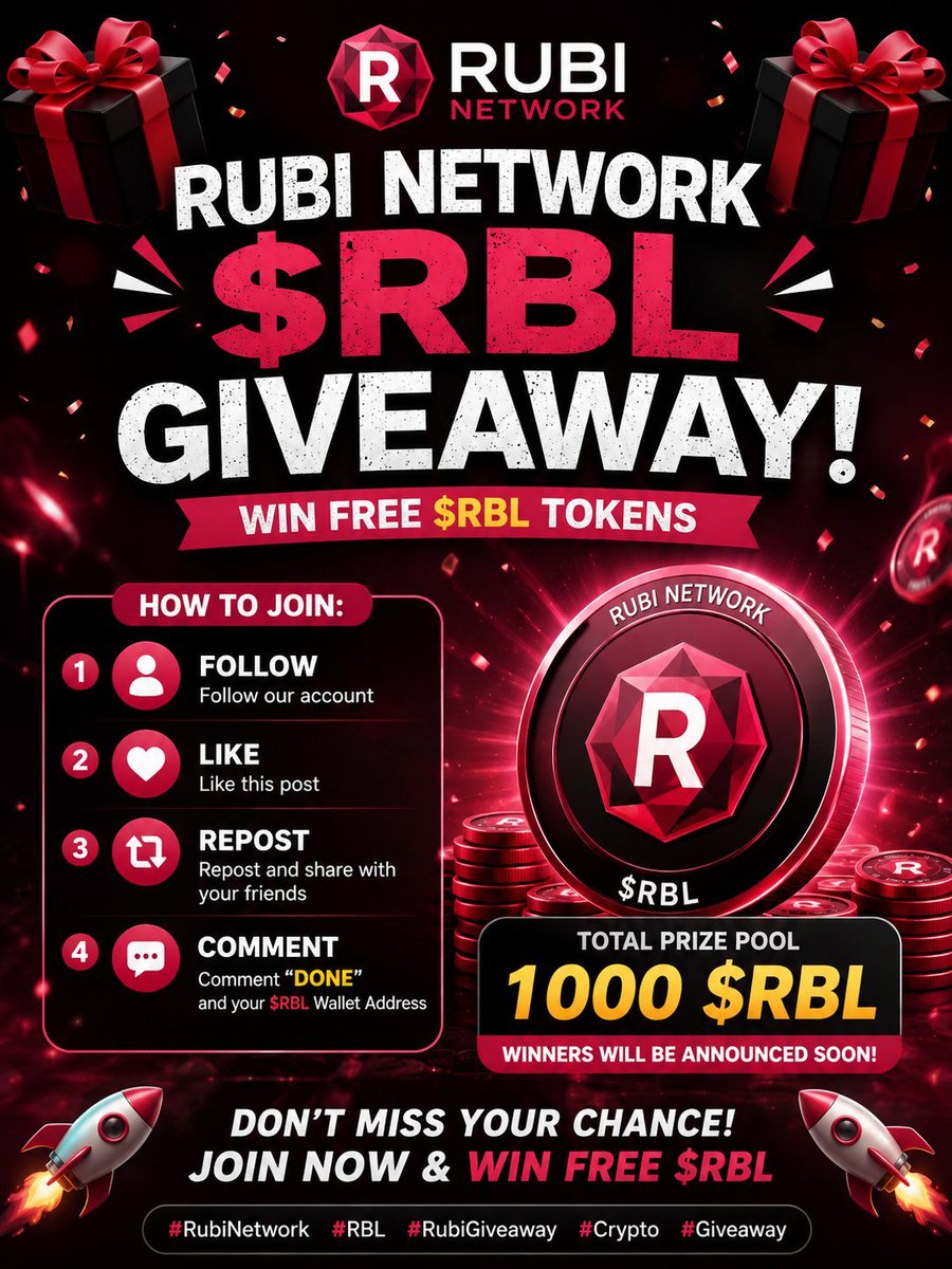 RubiMigration's tweet photo. 🎁🔥 RUBI NETWORK $RBL GIVEAWAY 🔥🎁

💎 Win FREE 1000 $RBL 💎

🎯 How to Join:
1️⃣ Follow &amp; Like ❤️
2️⃣ Repost 🔄
3️⃣ Comment “DONE” + your $RBL Wallet Address 👇
4️⃣ Share with friends 🚀

⏰ Don’t miss your chance!
🍀 Good Luck, Rubimily! ❤️

#RubiNetwork #RBL #RubiGiveaway https://t.co/VfaPHuGbQ0