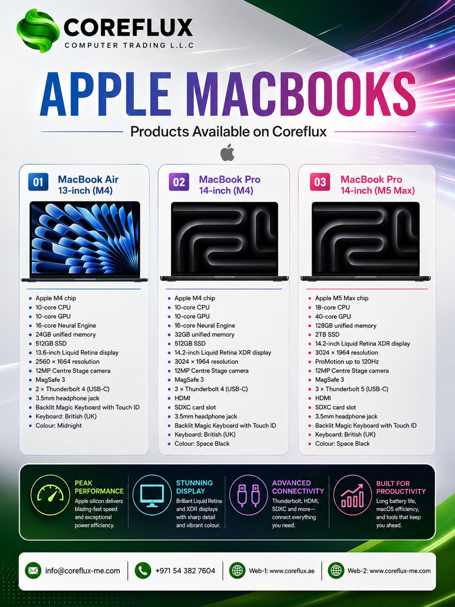 CorefluxLLC's tweet photo. Upgrade your workflow with premium Apple MacBooks, available at Coreflux Computer Trading L.L.C.
#Coreflux #AppleMacBook #MacBookAir #MacBookPro #Productivity #BusinessLaptop #TechSolutions #Dubai https://t.co/kx0EZljzKC
