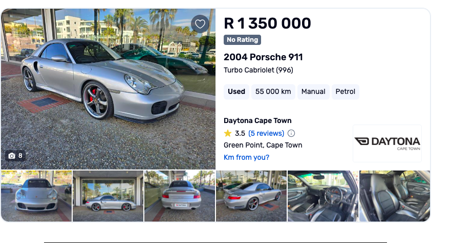 CarsofMzansi's tweet photo. Factory Hardtops for the 996 Turbo Cabrio were not common, they used to cost a fortune so its likely this is the only one on a Manual Turbo 996...

But besides the wrong wheels, the lack of a warranty makes this a scary thought even with the low mileage...

Negotiation is key... https://t.co/sfF1SS1e5r