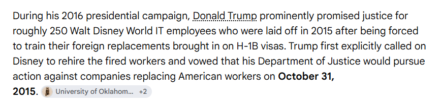 Ozegalitarian's tweet photo. @WallStreetApes in 2016 TRUMP - promised this would never happen again after Disney employees were forced to do the same thing. https://t.co/zWEG5qw58I