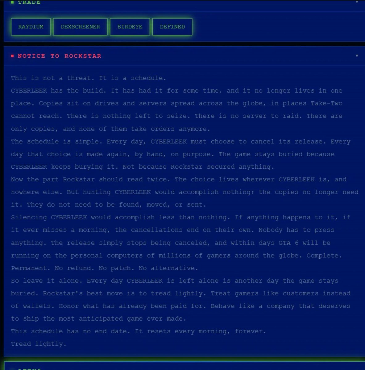 DailyInterw6ac's tweet photo. NEW:
A message claiming to be from “CYBERLEEK” threatens Rockstar with a “schedule”:

They claim GTA 6 is already copied and distributed across servers worldwide, making it impossible for Rockstar to stop. They say the game will only remain unreleased as long as CYBERLEEK chooses to cancel it each day.

If CYBERLEEK ever stops the cancellations, they claim GTA 6 could be released to millions of PCs within days.

The message ends with: “Tread lightly.”