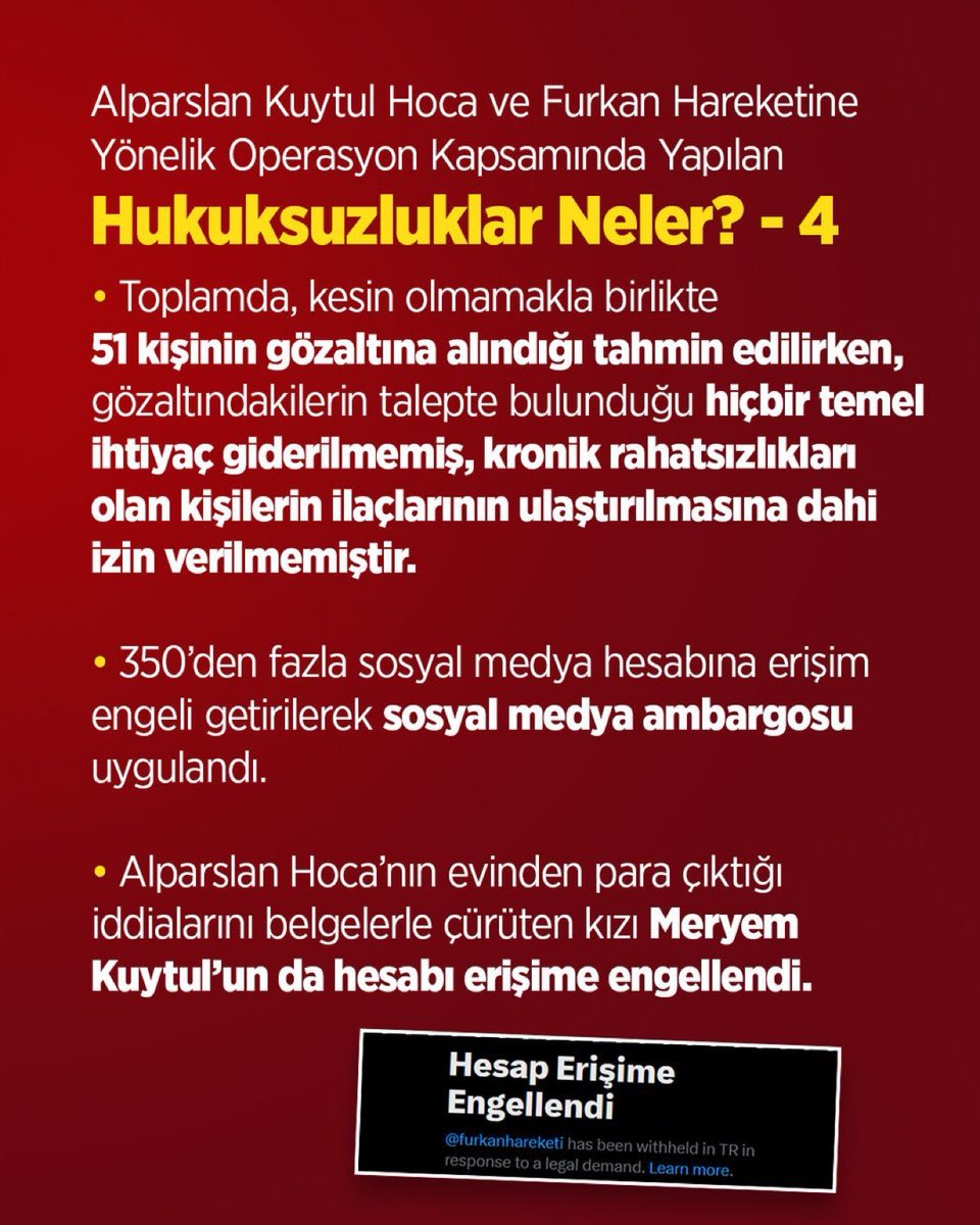 fhengellenemez's tweet photo. Alparslan Kuytul Hoca ve Furkan Hareketine Yönelik Operasyon Kapsamında Yapılan Hukuksuzluklar Neler? - 4

Hocamı SerbestBırakın
SemraKuytulu SerbestBırakın
FurkanHareketi Tertemizdir
AdanaEmniyetinde Zulüm
DinDüşmanıKomite İşBaşında https://t.co/XzZqz8bEro