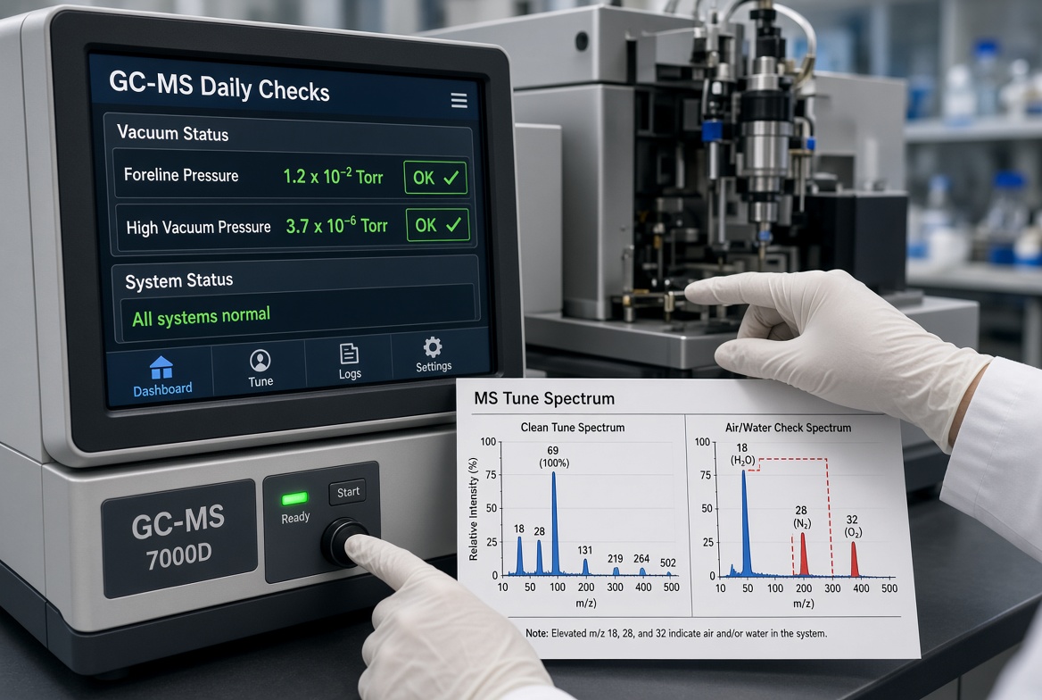 zhassanchem's tweet photo. GC-MS Tips: Check foreline + high-vacuum pressures under the same column conditions. Any jump = leak, pump issue, or flow problem.
Air/water peaks (m/z 18, 28, 32) in the tune spectrum are your early warning. Catch them before sensitivity tanks. https://t.co/C4IOARWwWA