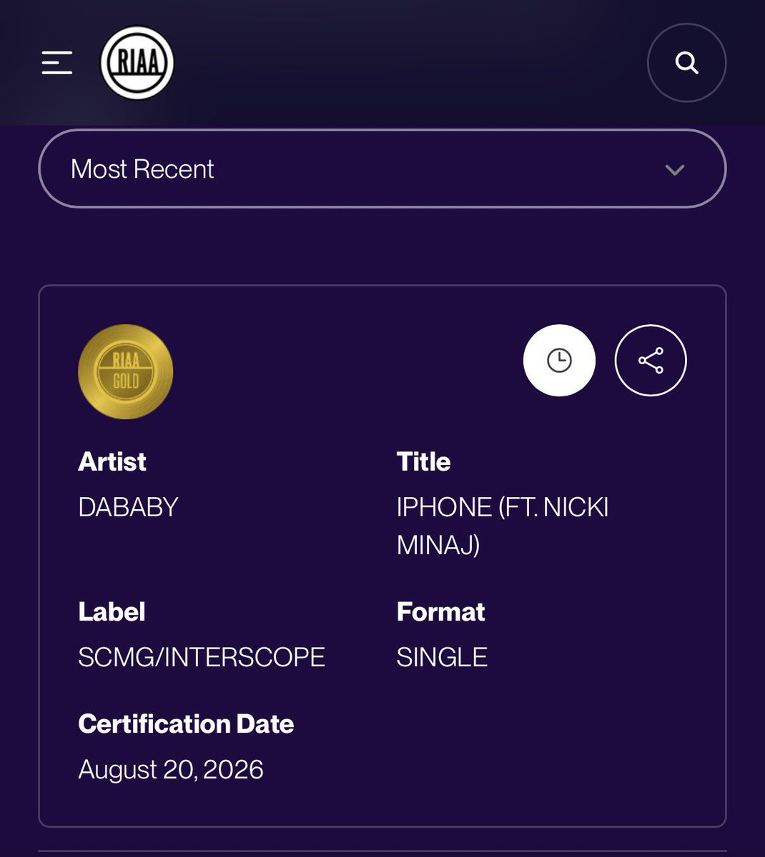 Bunnyx404's tweet photo. “IPHONE ” by DaBaby and  NICKI MINAJ is officially certified Gold  Congratulations to them! 🎉🏆 https://t.co/XbAFdk0IAE