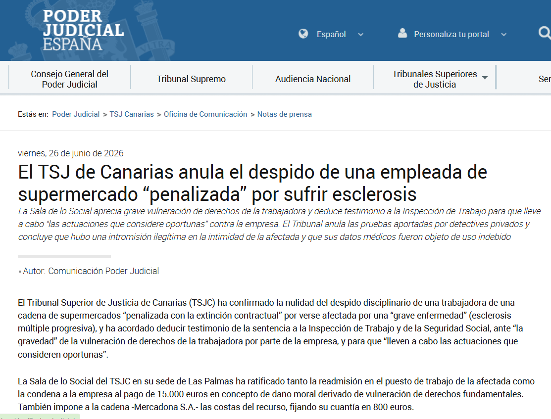 jimolinaarroyo's tweet photo. MERCADONA despide a una trabajadora por padecer esclerosis múltiple progresiva. La espió con detectives, usó sus datos médicos ilegalmente y la acusó de simular su baja, vulnerando sus derechos fundamentales.
#Empresaurios
Despido nulo, sentencia, aquí👇
https://t.co/OLB8XT3e0o https://t.co/DfduZCzm5J