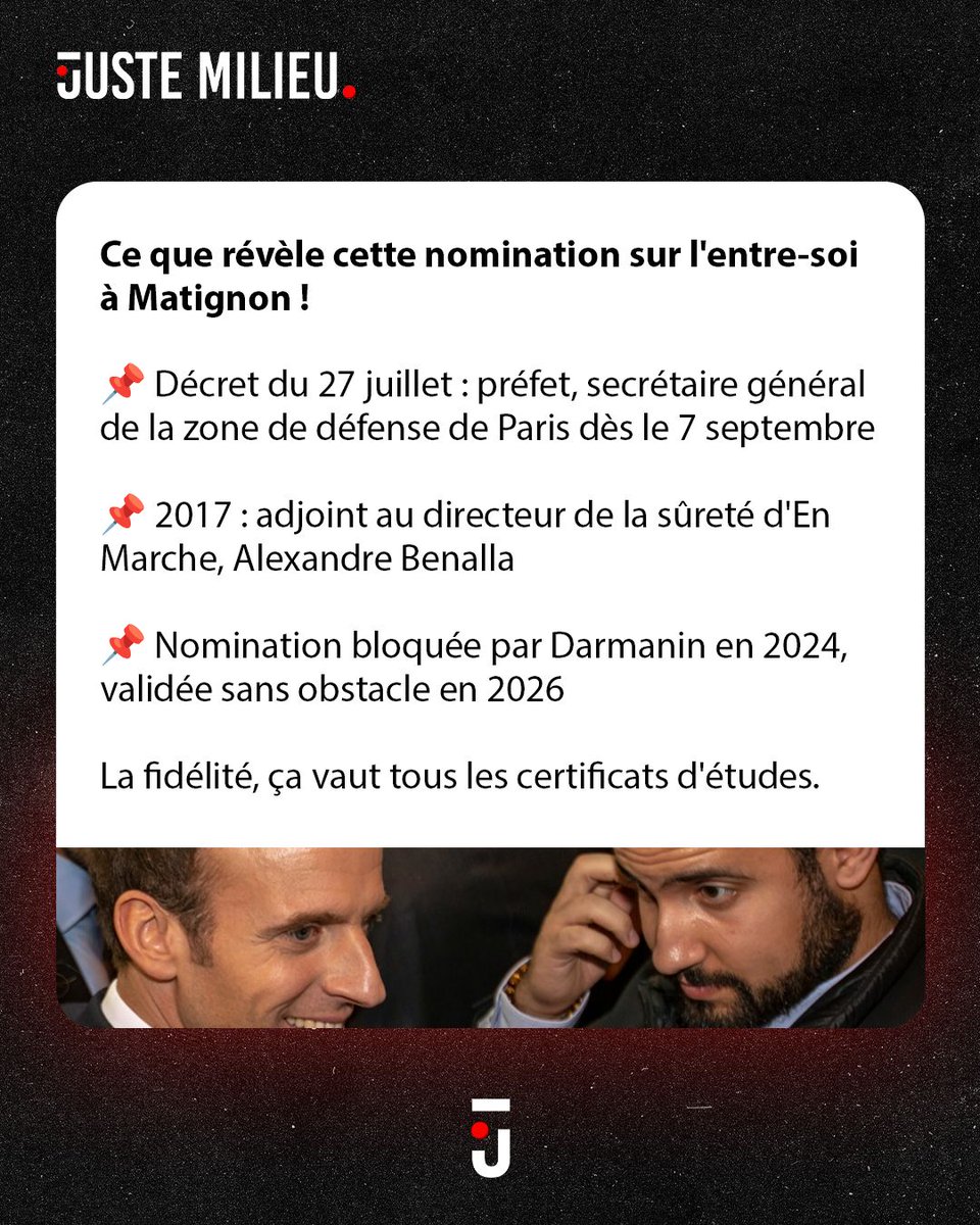 JusteMilieu3's tweet photo. 👮 Scandale : un proche d'Alexandre Benalla nommé préfet à Paris !
Paul-Hugo Verdin, chef de cabinet de Lecornu depuis 6 ans, ex-adjoint sécurité de Benalla.

Ce que révèle cette nomination sur l'entre-soi à Matignon !

📌 Décret du 27 juillet : préfet, secrétaire général de la zone de défense de Paris dès le 7 septembre
📌 2017 : adjoint au directeur de la sûreté d'En Marche, Alexandre Benalla
📌 Nomination bloquée par Darmanin en 2024, validée sans obstacle en 2026

La fidélité, ça vaut tous les certificats d'études.