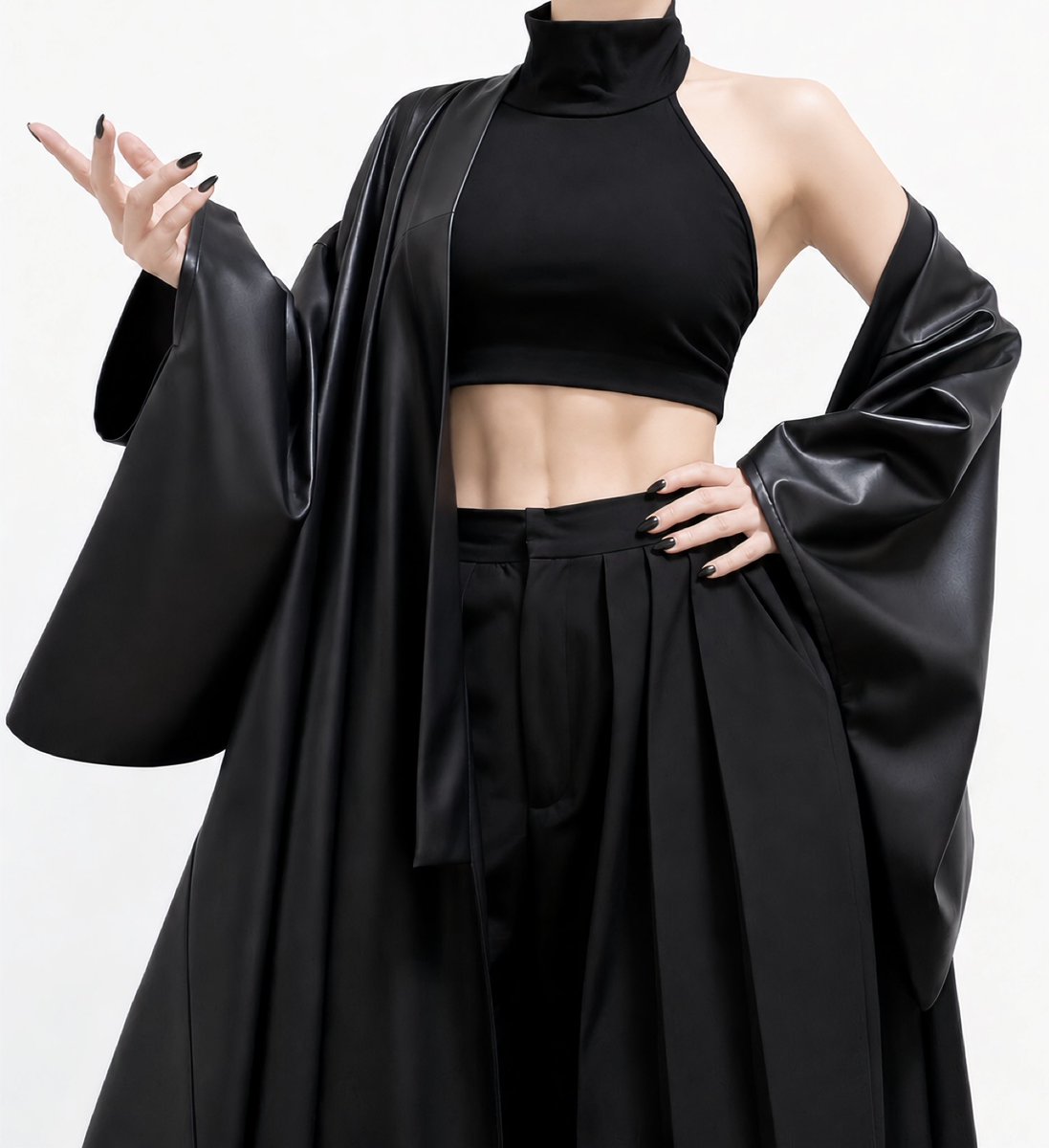 misamaru_kimono's tweet photo. 黒の和洋折衷コーデ。
フェイクレザー羽織×アメスリインナーに袴パンツの現代的スタイルがかっこいい！ https://t.co/o6qG6TQ61o