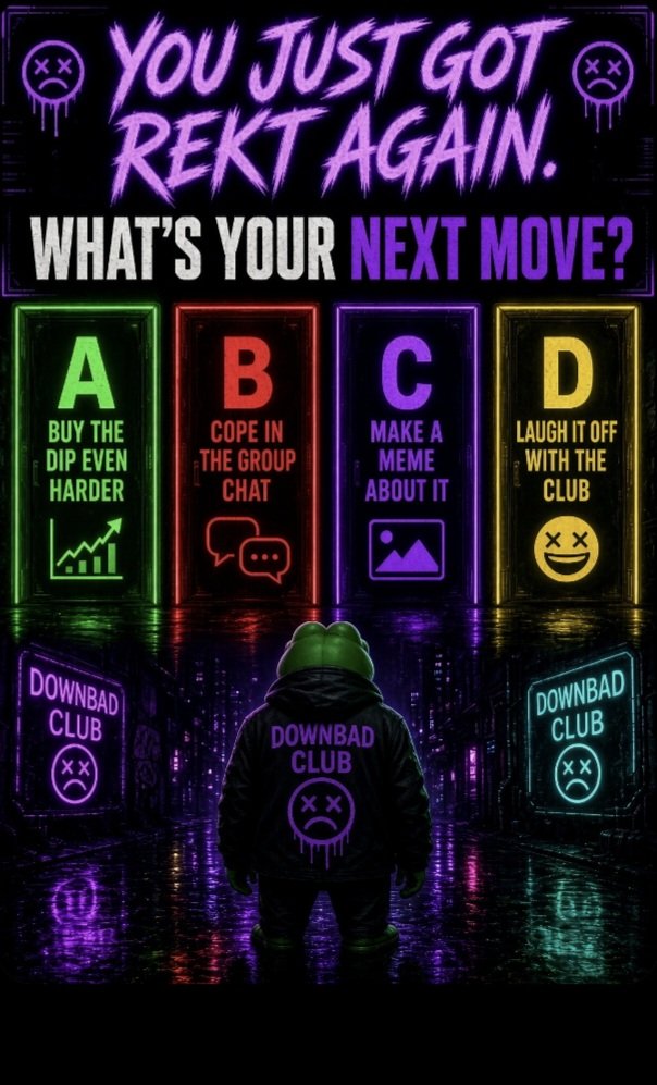 WeLostMoneyAgai's tweet photo. You just got REKT again.
What’s your next move?A) Buy the dip even harder
B) Cope in the group chat
C) Make a meme about it
D) Laugh it off with the DownBad ClubThe community decides what comes next. https://t.co/GVQBhqbvej