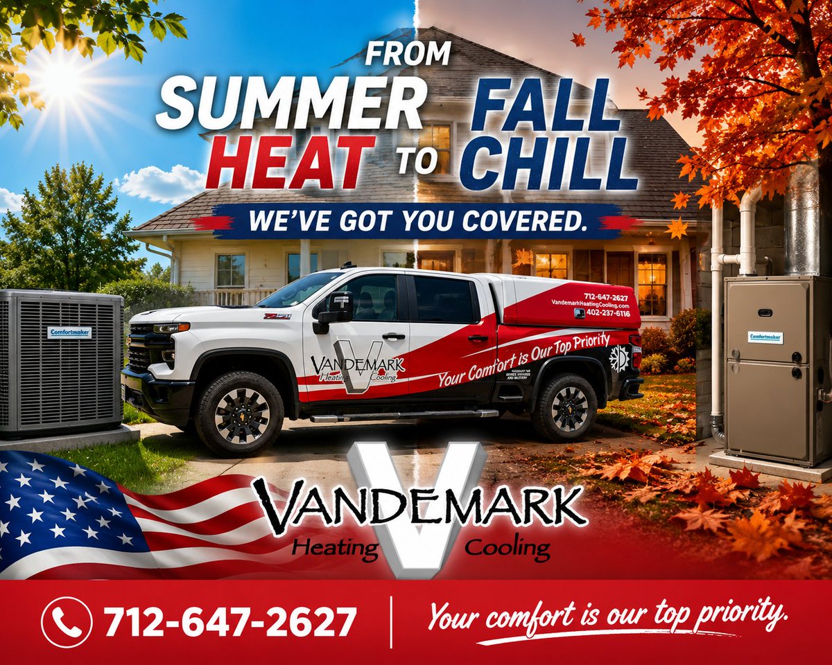 VandemarkHVAC's tweet photo. The seasons may be changing, but your comfort shouldn’t. Whether your A/C needs a little help finishing out the summer or it’s time to start thinking about your heating system for fall, Vandemark Heating and Cooling is ready to help. https://t.co/HG9qpCARqN