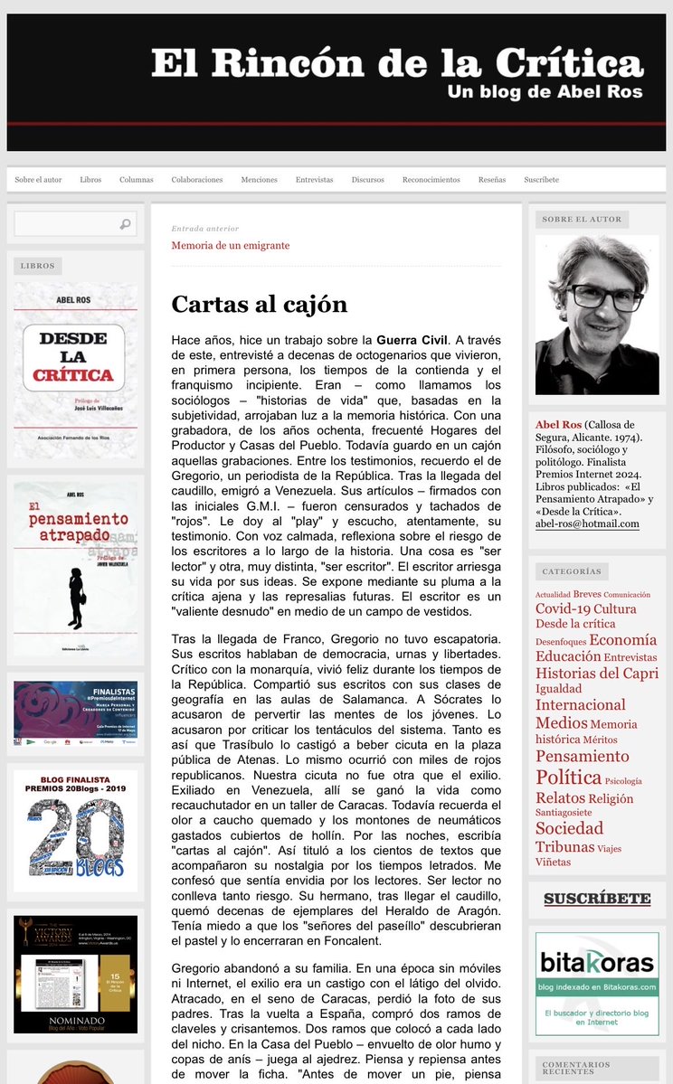 Abel_Ros's tweet photo. 🔴 Acabo de publicar “Cartas al cajón”.
Os dejo el enlace en el primer comentario. Un abrazo !! https://t.co/ilkDGcTYy7