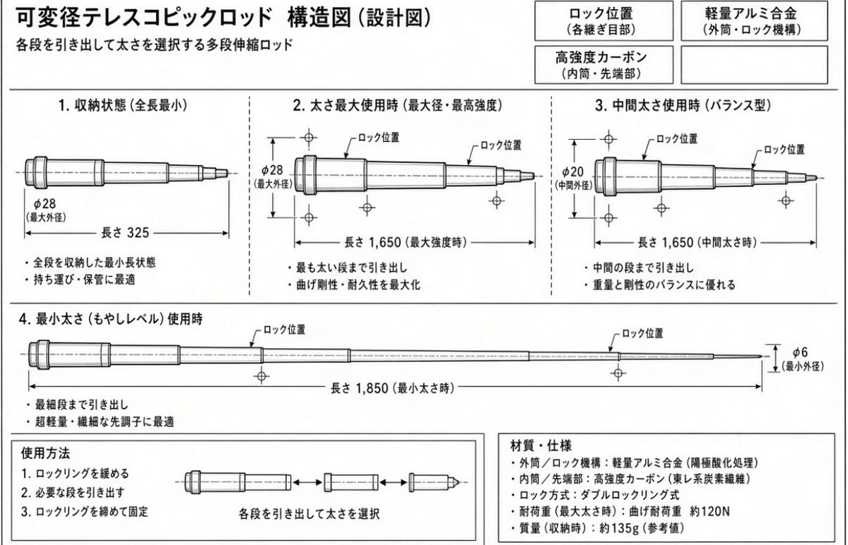 pnk2ii's tweet photo. •  最大伸長時長さ：約1000〜1200mm（用途に合わせて変更可）
•  収納時長さ：約200〜250mm
•  最大外径：約25〜30mm
•  最小外径：約1.5〜2mm（もやしレベル）
•  段数：6〜8段程度

誰か作って https://t.co/JVxCwR0PL7