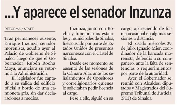 bereaguilarv's tweet photo. ¡Y regresó la pandilla!

Rocha retoma la gubernatura de Sinaloa y, casualmente, reaparece el narcosenador Enrique Inzunza, quien llevaba tiempo ausente.

Ambos han sido señalados por nexos con el Cártel de Sinaloa.

El narco Rocha vuelve y los desaparecidos empiezan a aparecer. https://t.co/iL8kbC2CcT