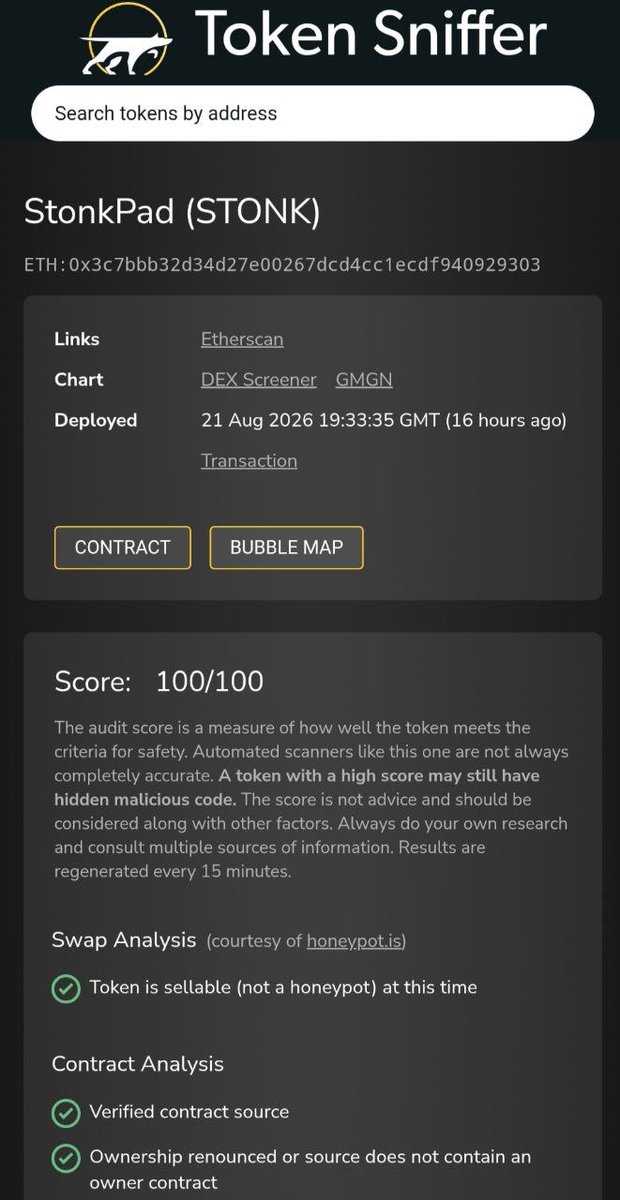 StonkPad's tweet photo. StonkPad Security by @Token_Sniffer.

Thank you boyz. 

$STONK https://t.co/AmPMxBzTcI