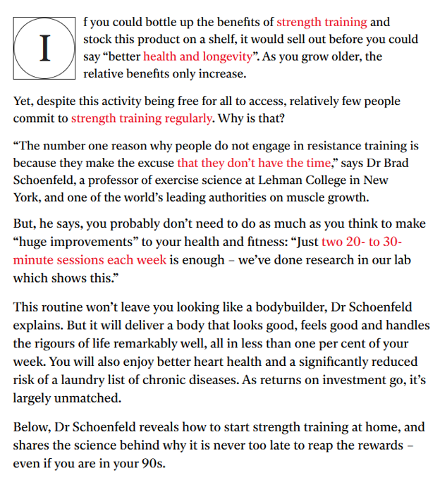 BradSchoenfeld's tweet photo. Here's my interview with The Independent newspaper on how to start a resistance training program and get good results in a time-efficient manner regardless of age. You don’t need to spend hours in the gym to reap the benefits—lack of time should never be an excuse not to lift! 💪#liftforlife

https://t.co/IMOve88jbh