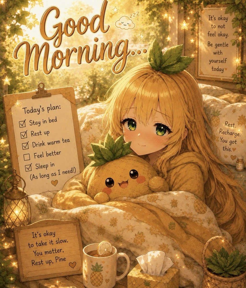 Pineapplebubblz's tweet photo. ☀️ Good Morning! 🌿💗

I’m not feeling too well today, so I’m going to take things slow, stay bundled up &amp; hopefully sneak in a little extra sleep🥱💤

so I’m embracing a slow morning and giving myself plenty of time to rest and recharge🤍

How are you feeling this morning? 🌿💛 https://t.co/oHro9gsZsQ