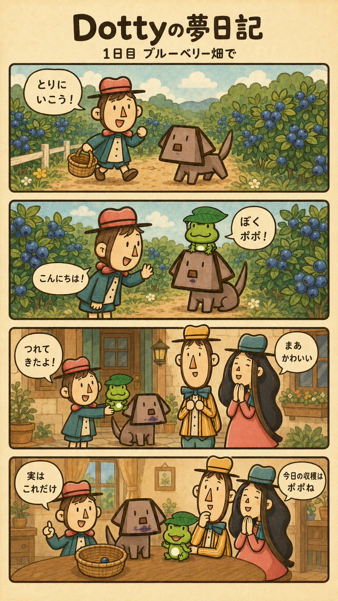 artshopdotty's tweet photo. ブルーベリーより大きな出会いがありました🫐🐸

#Dottyの夢日記
#4コマ漫画
#オリジナルキャラクター
#ほのぼの漫画
#ArtShopDotty https://t.co/HnxCeiquCy