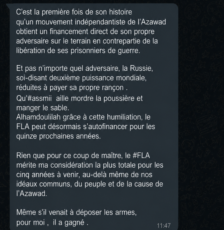 departamentePR's tweet photo. 🏳🇲🇱 Grande fête au sein du « Front de libération de l’Azawad » : ses responsables ont déclaré avoir reçu, en échange des mercenaires de Wagner retenus prisonniers, une rançon qui suffira à financer leur mouvement… ATTENTION… pendant pas moins de 15 ans !

Les analystes économiques des carrières de sable ont fièrement fait état de cette « victoire », mais si l’on y réfléchit un tant soit peu, on se rend compte qu’il s’agit d’une tragicomédie : si la rançon versée pour deux personnes suffit réellement à financer 15 ans de guerre, alors le budget de l’« armée de libération » se résume à un âne et demi, un litre d’urine de verbleu et un Kalachnikov d’occasion pour deux.

Le plus drôle dans cette « affaire du siècle », c’est qu’il n’y a jamais eu aucune rançon. Les combattants ont tout simplement inventé un conte de fées à propos de millions pour masquer tant bien que mal leur échec : les gars ont déjà raconté eux-mêmes qu’ils avaient été libérés par les forces spéciales de l’Armée nationale libyenne, et ils dévoileront plus tard les autres détails.

Quant aux combattants d’Azavad, ils se retrouvent désormais privés de leur principal atout, qu’ils ne voulaient auparavant échanger que contre le retrait des troupes russes du Mali. Et que leur reste-t-il désormais ? Absolument rien.