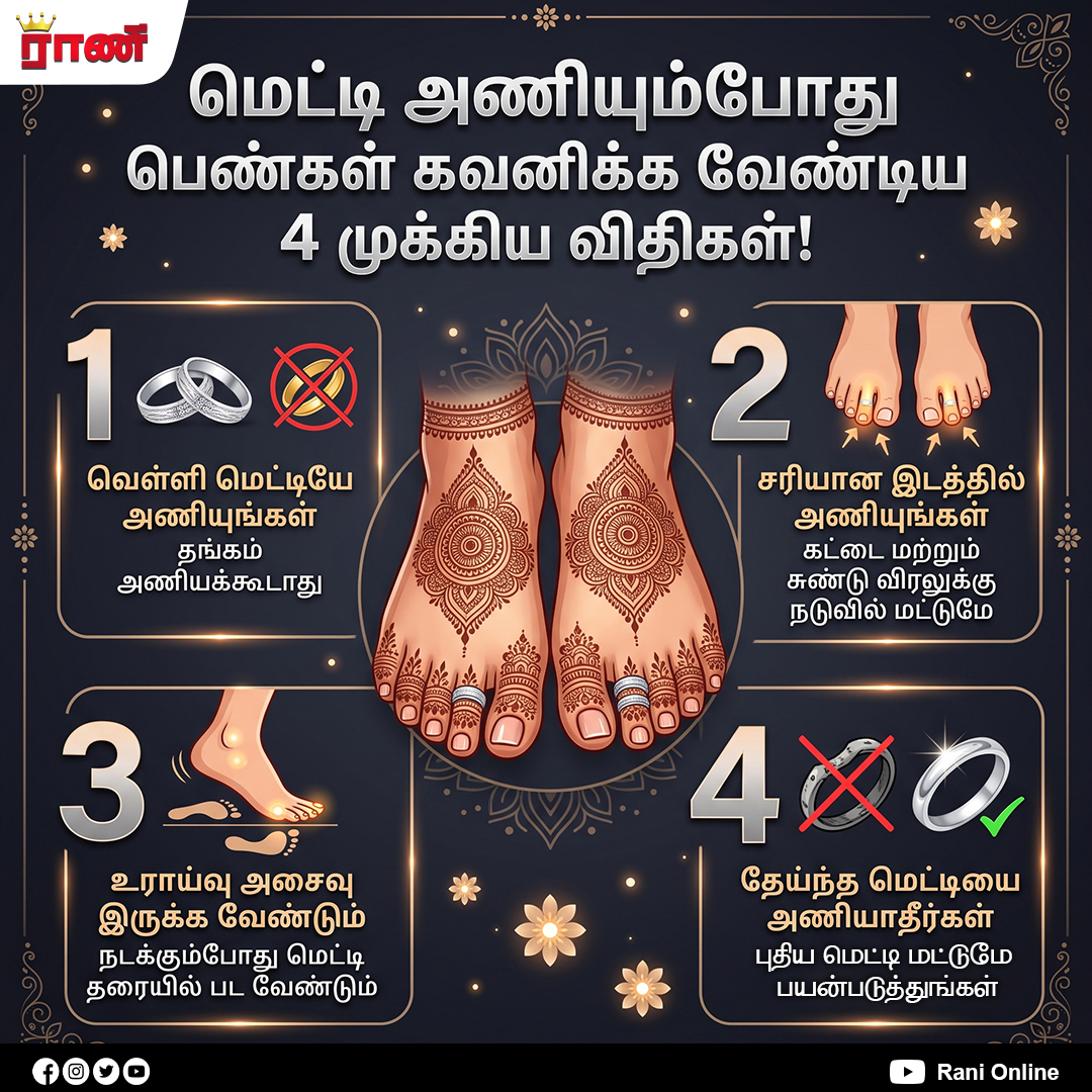 Rani_online's tweet photo. மெட்டி அணியும் பெண்கள் தெரிந்துகொள்ள வேண்டிய 4 முக்கிய விதிகள்!
#SilverToeRing #ToeRing #WomenHealth #WomenTips #TraditionalJewellery #TamilTradition #IndianTradition #HealthTips #LifestyleTips #WomensLifestyle #ToeRingTips #TamilCulture #Ranionline https://t.co/ti8jysjUeE